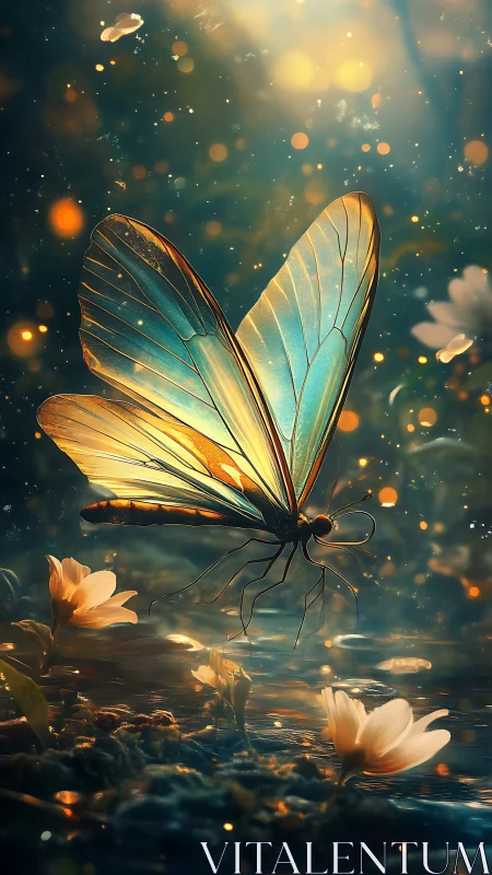 Bioluminescent butterfly hovering above reflective stream surface.