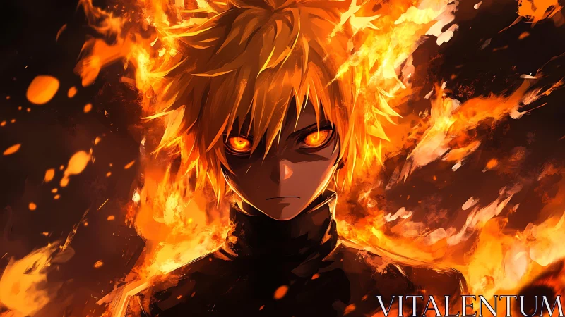 Male anime subject with fiery hair in orange flames.