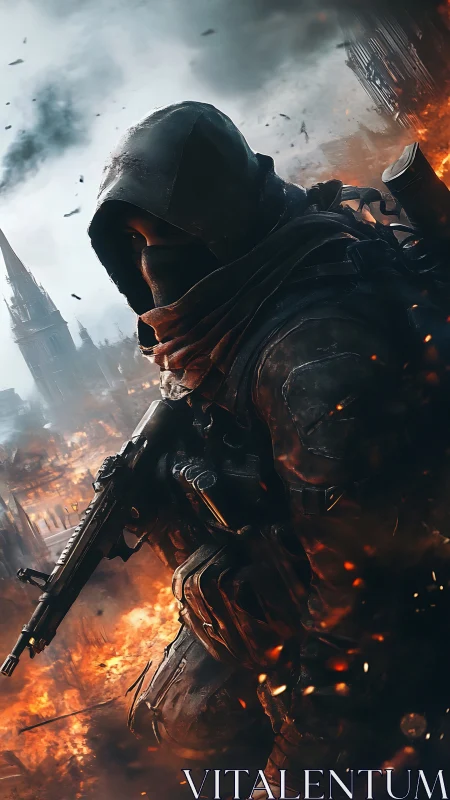 Hooded guardian strides through firelit urban ruins.