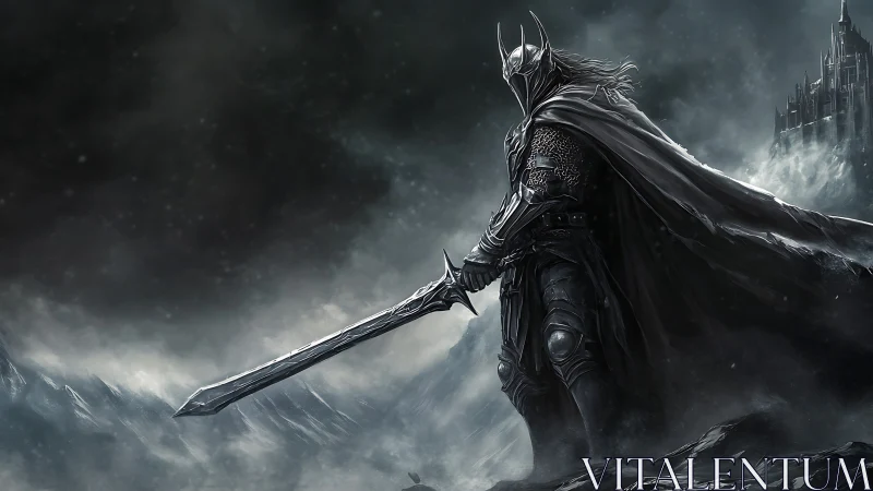 Dark armored warlord with greatsword over frozen valley.