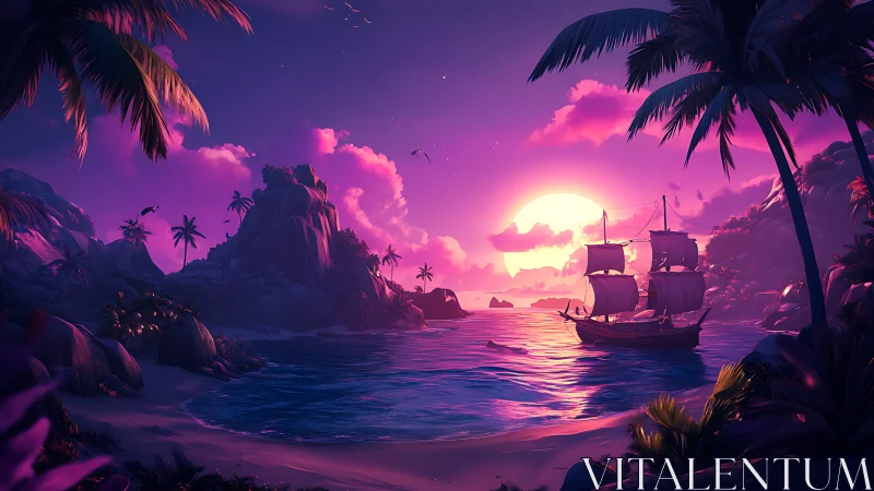 Tropical Bioluminescent Sunset with Galleon Silhouette. Digital.