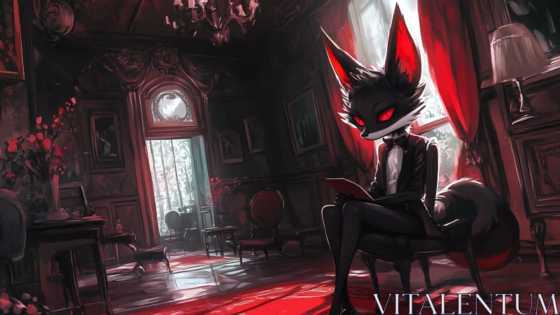 Velvet drapery listens while the crimson eyed fox quietly plots