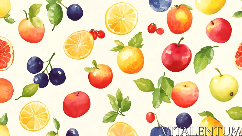 Juicy watercolor fruit dance across a sunlit creamy sky.