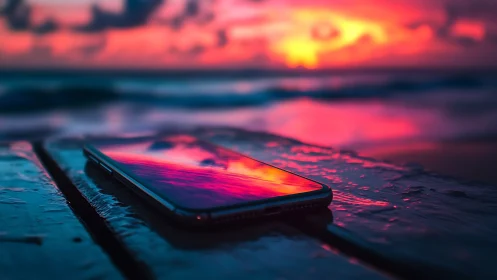 Smartphone reflects neon sunset over a wet shoreline.