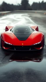 Red futuristic supercar on wet track at dawn.