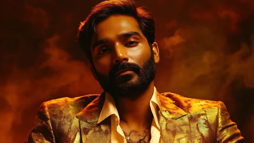 Photorealistic low-key portrait with warm cinematic grading.