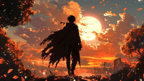 Backlit cloaked wanderer silhouetted against high-saturation sunset