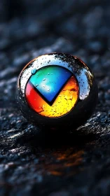 Chromed sphere holds segmented, wet, multicolor emblem