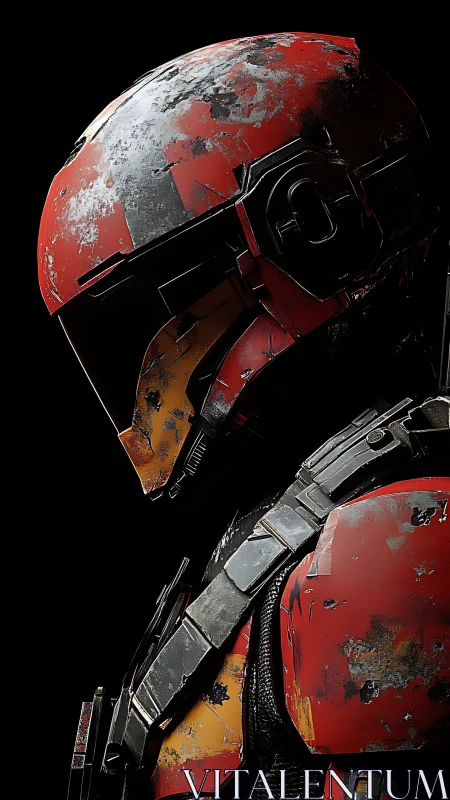 Battle-worn sci-fi trooper stands in dramatic side profile.
