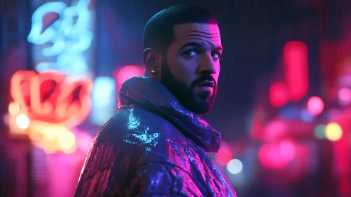 Neon-soaked night wanderer in shimmering urban rain glow.