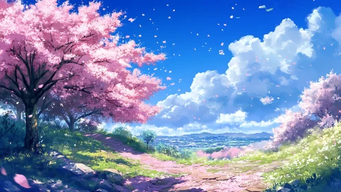 Sunlit cherry blossom path drifting into a bright blue sky.