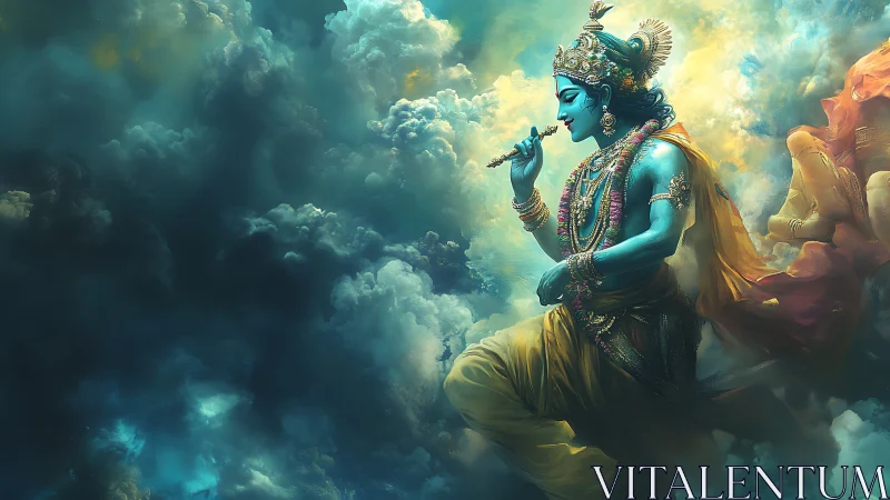 Divine blue deity plays flute within swirling celestial clouds