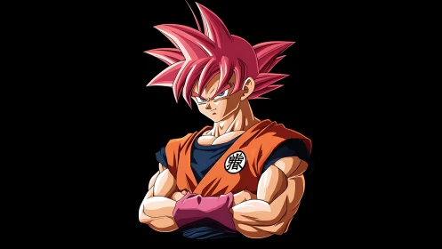 Pink haired anime warrior in orange gi, arms crossed.