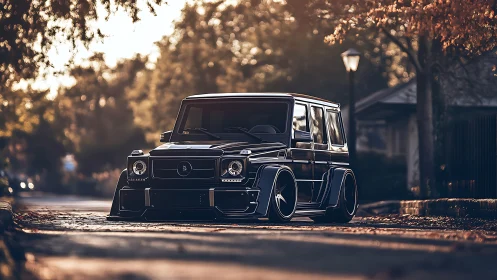 Modified black SUV parked on quiet suburban street.