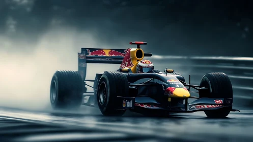 Rain-soaked Formula racing car cutting through track spray.