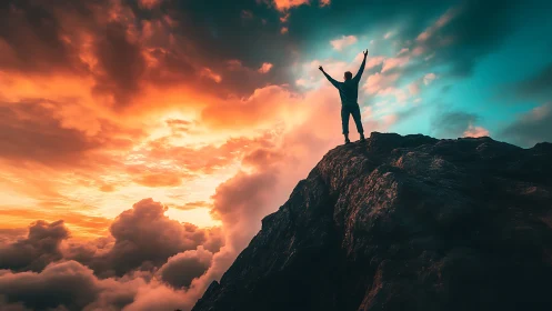 Silhouette on summit ridge under high-dynamic-range storm glow.