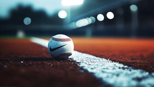 Branded baseball resting on foul line under stadium lights.