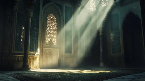 Sunlit arches define silent ornate prayer hall interior.