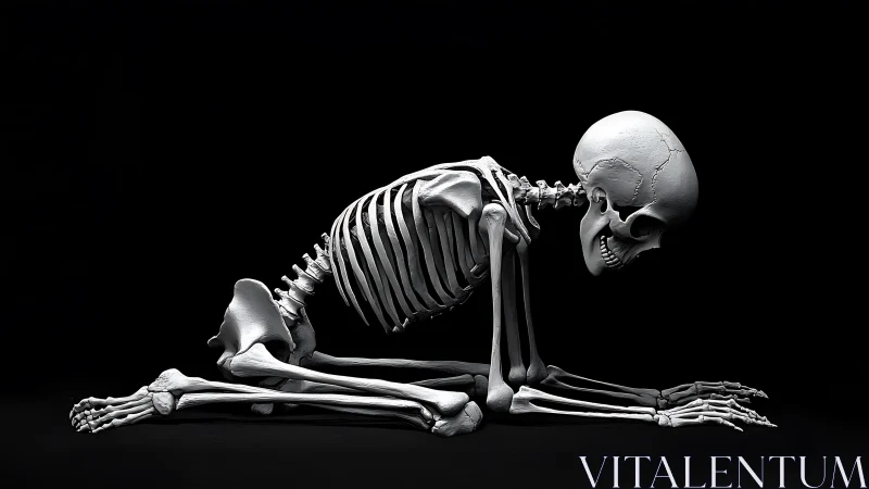 Human skeleton kneels on forearms in side profile on black