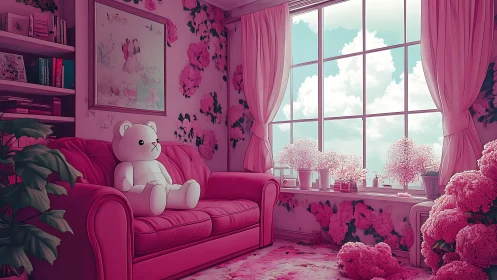 Soft pink daydream living room with teddy and flowers.