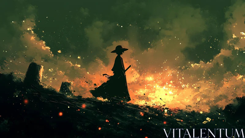 Lone swordsman walks through burning wasteland at dusk