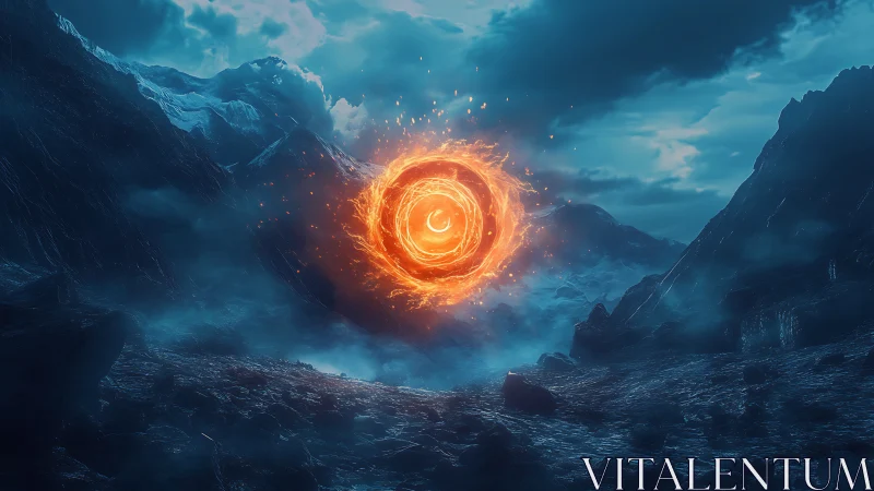 Fiery circular energy vortex over misty rocky valley landscape.