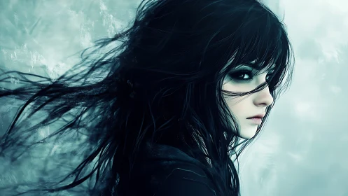 Dark haired girl in side profile against cold blue background.