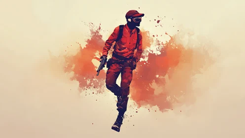 Bold urban adventurer walks through a burst of color and motion