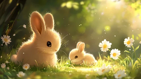 Gentle bunnies sharing sunshine in a dreamy flower meadow.