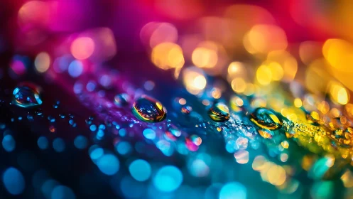Macro water droplets on vivid multicolor bokeh background.