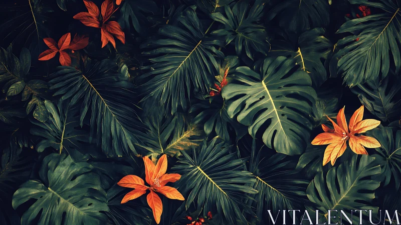 Deep emerald tropical foliage with vivid orange blooms.