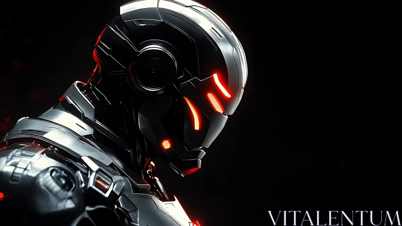 Futuristic armored robot glows warmly in quiet darkness.