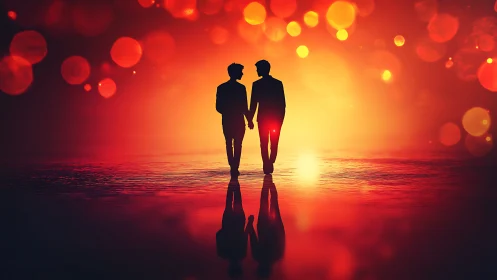 Two silhouetted figures stand together against warm glowing light background