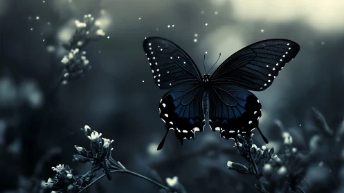 Nocturnal blue butterfly in cinematic shallow-focus bokeh.