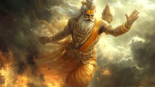 Golden storm deity strides through swirling cosmic fire.