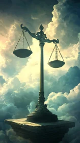 Majestic brass scales of justice rise above glowing clouds.
