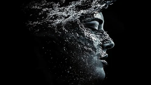 Side-profile female portrait dissolving into turbulent water