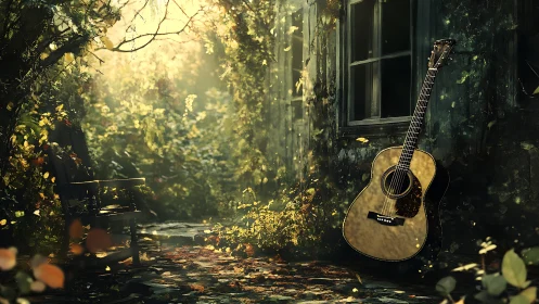 Sunlit acoustic guitar beside weathered forest cabin wall.