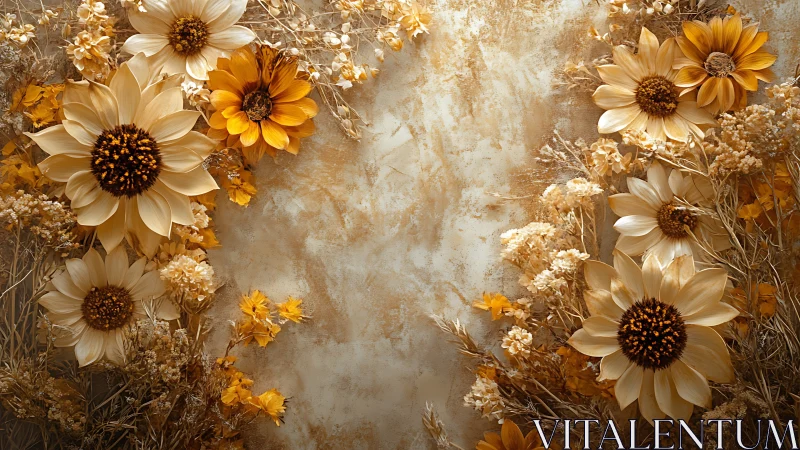 Golden Daisies and Dried Flowers on Weathered Textured Background