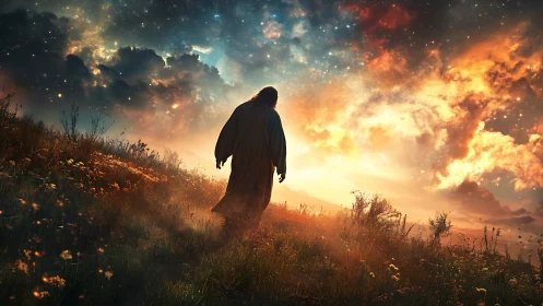 Robed figure walks uphill beneath dense starfield and clouds