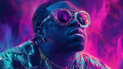Portrait shows man in neon glasses against vivid purple light