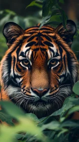 Warm amber-eyed tiger resting quietly in leafy jungle shadows.