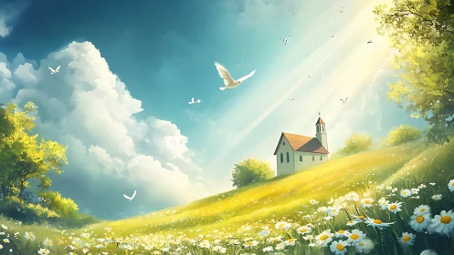 Sunlit country chapel rests peacefully in a blooming meadow