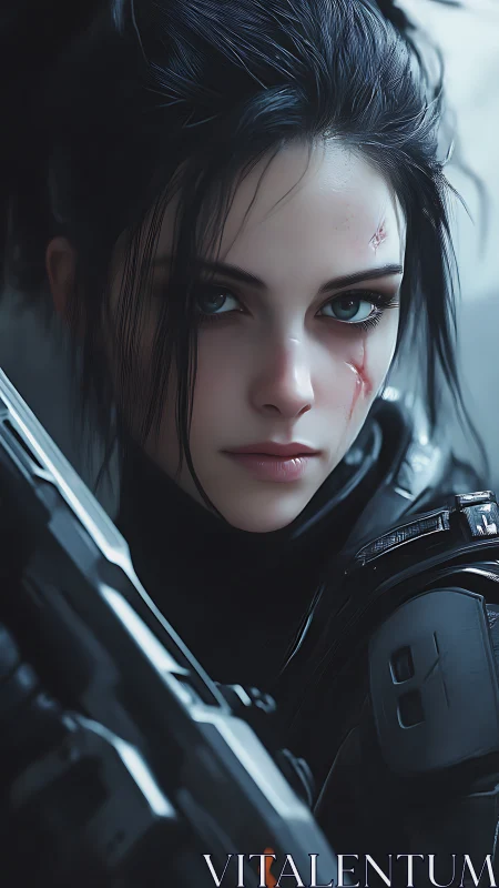 Cybernetic sniper locks gaze, battle-scarred resolve holds