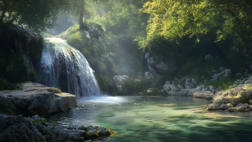 Photorealistic forest waterfall with luminous riparian glade.