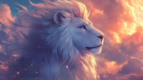 Skyfire mane billows as a blue eyed lion patrols dawn