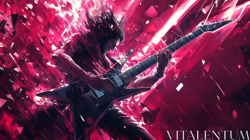 High-energy electric guitarist framed by angular crimson motion vectors