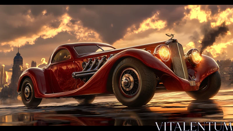 Rendered vintage coupe stands on reflective wet surface at dusk