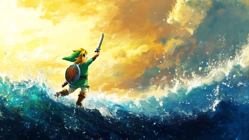 Digital painting of heroic youth against storm-lit ocean sky.
