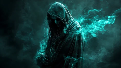 Hooded spectral figure surrounded by teal ethereal smoke forms.